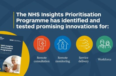 Image shows the cover of the NHS Insights Prioritisation Programme report. Text reads: The NHS Insights Prioritisation Programme has identified and tested promising innovations for: remote consultation, remote monitoring, service delivery and workforce.